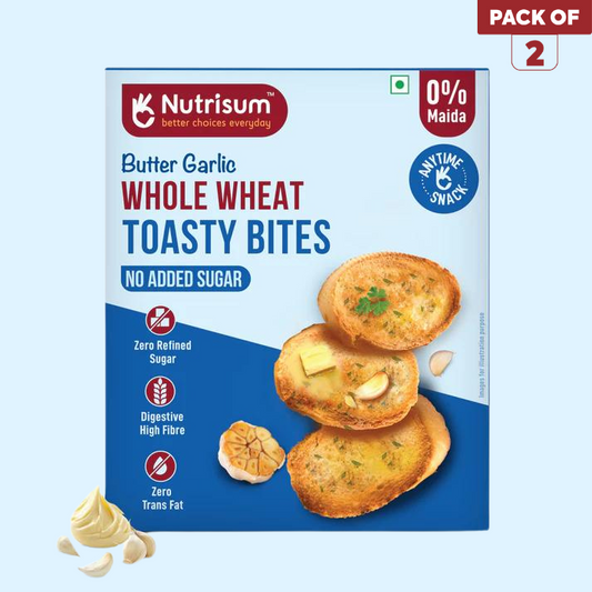 Nutrisum Whole Grain Toast / Toasty Bites β No Maida, Sugar-Free, High Fiber Healthy Snack| Made with Real Butter & Olive Oil | Healthy Anytime Snack Garlic Flavour Toast | Pack of 2