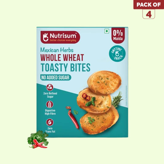 Nutrisum Whole Grain Toast/Toasty Bites β No Maida, Sugar-Free, High Fiber healthy snack| Made Real Butter & Olive Oil | Perfect with Tea| Anytime Snack Mexican herb Flavour Toast (150gms x Pack of 4)