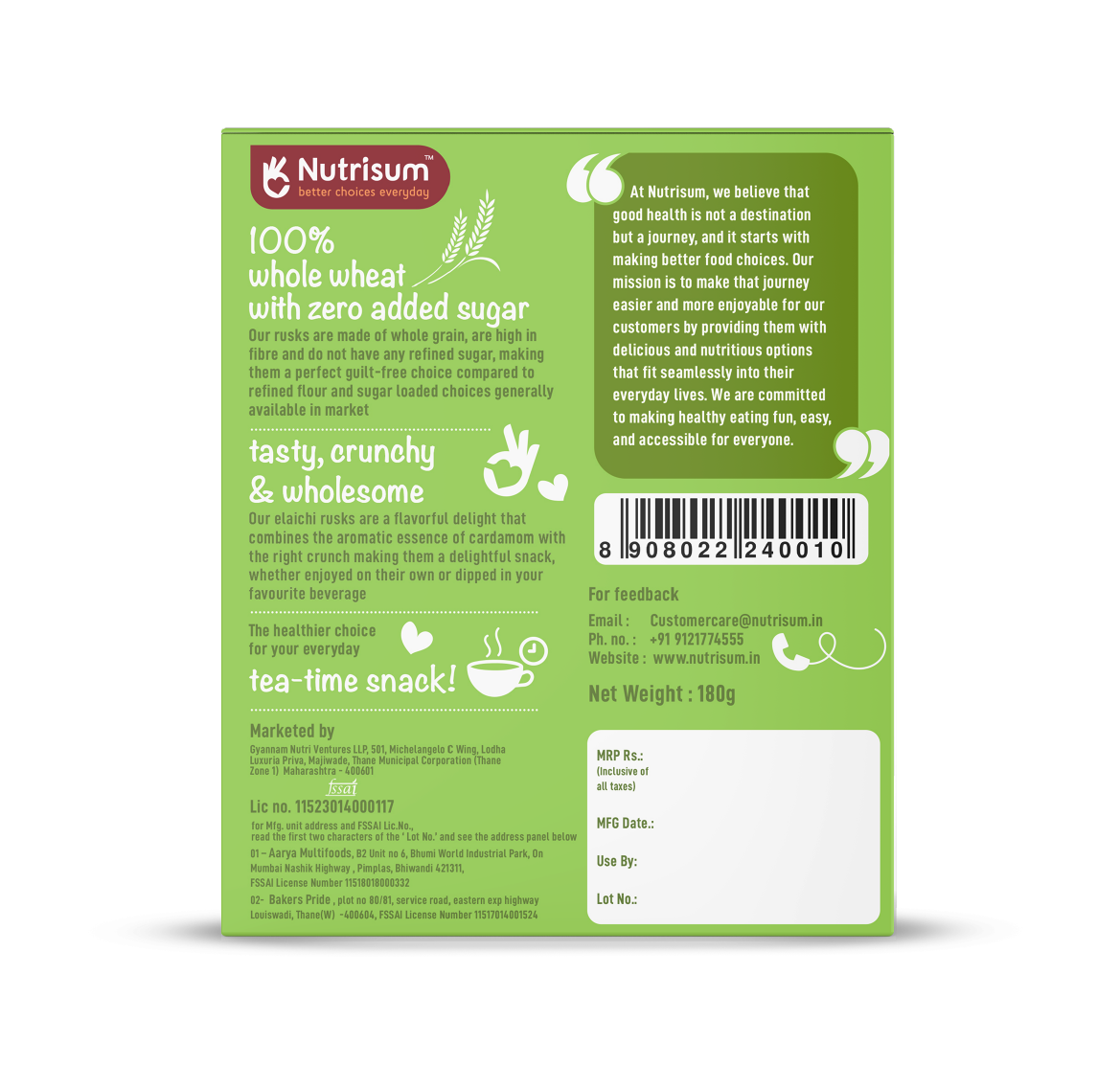 Nutrisum Whole Wheat Rusk No Added Sugar with Elaichi Pack Of 2