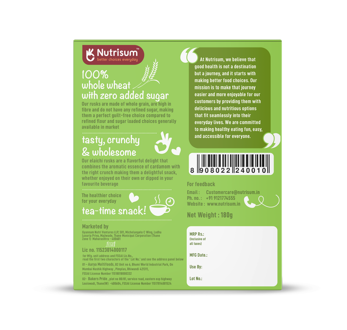Nutrisum Whole Wheat Rusk No Added Sugar with Elaichi Pack Of 4