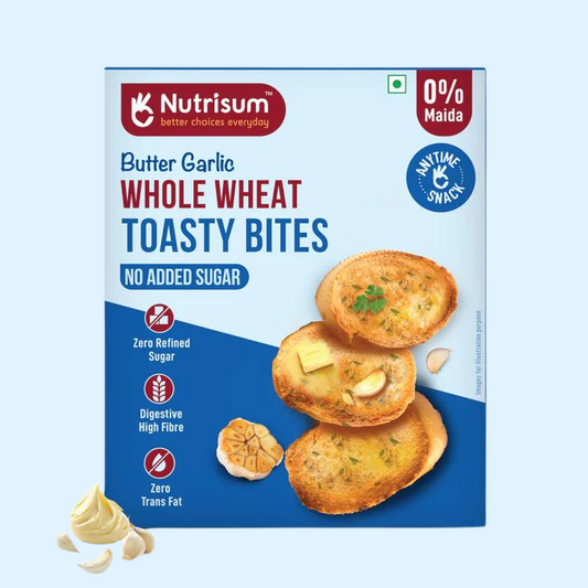 Nutrisum Whole Grain Toast / Toasty Bites β No Maida, Sugar-Free, High Fiber Healthy Snack| Made with Real Butter & Olive Oil | Healthy Anytime Snack Garlic Flavour Toast