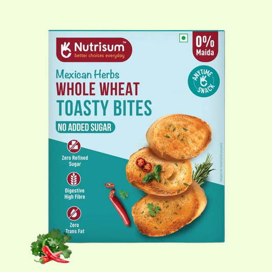 Nutrisum Whole Grain Toast / Toasty Bites β No Maida, Sugar-Free, High Fiber Healthy Snack| Made Real Butter & Olive Oil | Perfect with Tea | Anytime Snack Mexican Herb Flavour Toast