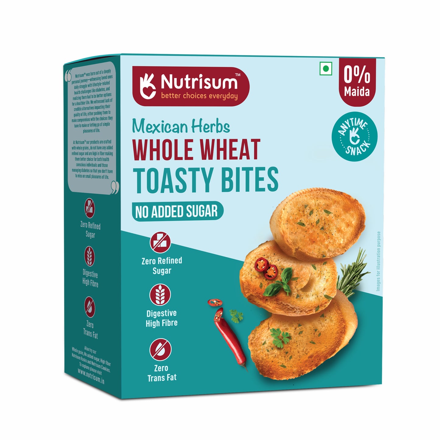 Nutrisum Whole Grain Toast / Toasty Bites – No Maida, Sugar-Free, High Fiber Healthy Snack| Made Real Butter & Olive Oil | Perfect with Tea | Anytime Snack Mexican Herb Flavour Toast