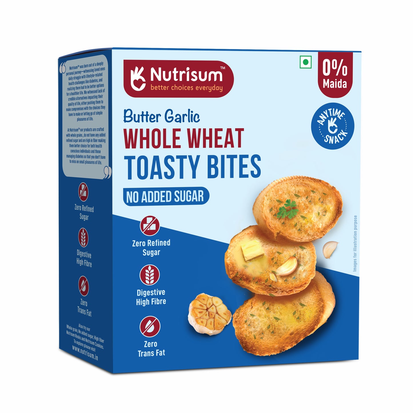 Nutrisum Whole Grain Toast / Toasty Bites – No Maida, Sugar-Free, High Fiber Healthy Snack| Made with Real Butter & Olive Oil | Healthy Anytime Snack Garlic Flavour Toast | Pack of 2