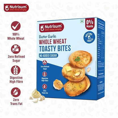 Nutrisum WholeWheat Butter Garlic & Mexican Herb Rusk/Toast Combo - No Maida, Sugar Free, High Fiber Healthy Rusk | Mix Flavoured Tea Toast (150gms x Pack of 2)