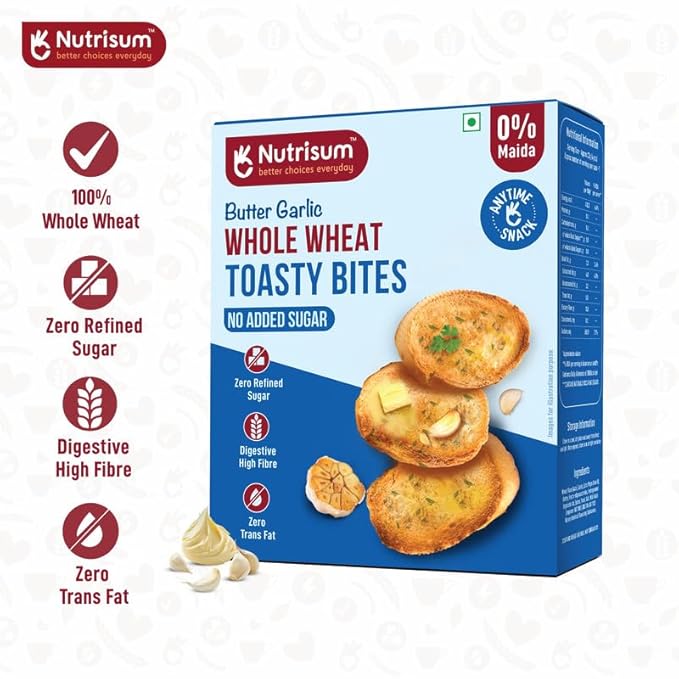 Nutrisum Whole Grain Toast/Toasty Bites – No Maida, Sugar-Free, High Fiber healthy snack| Made with real Butter & Olive Oil |Healthy Anytime Snack Garlic Flavour Toast (150gms x Pack of 4)