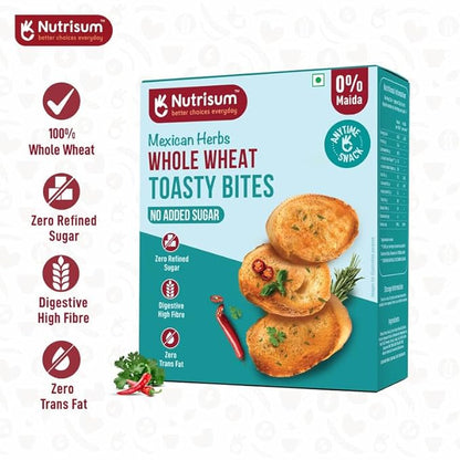 Nutrisum Whole Grain Toast/Toasty Bites – No Maida, Sugar-Free, High Fiber healthy snack| Made Real Butter & Olive Oil | Perfect with Tea| Anytime Snack Mexican herb Flavour Toast (150gms x Pack of 4)