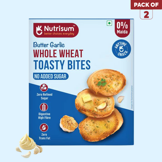 Nutrisum Whole Grain Toast / Toasty Bites – No Maida, Sugar-Free, High Fiber Healthy Snack| Made with Real Butter & Olive Oil | Healthy Anytime Snack Garlic Flavour Toast | Pack of 2