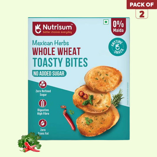 Nutrisum Whole Grain Toast / Toasty Bites – No Maida, Sugar-Free, High Fiber Healthy Snack| Made Real Butter & Olive Oil | Perfect with Tea | Anytime Snack Mexican Herb Flavour Toast | Pack of 2