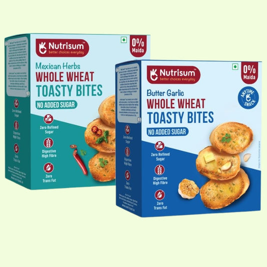 Nutrisum WholeWheat Butter Garlic & Mexican Herb Rusk/Toast Combo - No Maida, Sugar Free, High Fiber Healthy Rusk | Mix Flavoured Tea Toast (150gms x Pack of 2)