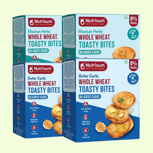 Nutrisum WholeWheat Butter Garlic & Mexican Herb Rusk/Toast Combo - No Maida, Sugar Free, High Fiber Healthy Rusk | Mix Flavoured Tea Toast (150gms x Pack of 4)