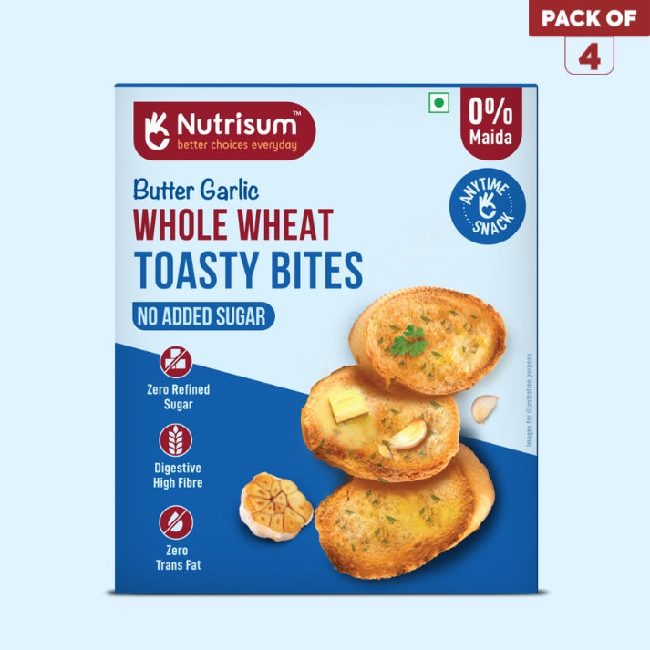 Nutrisum Whole Grain Toast/Toasty Bites – No Maida, Sugar-Free, High Fiber healthy snack| Made with real Butter & Olive Oil |Healthy Anytime Snack Garlic Flavour Toast (150gms x Pack of 4)