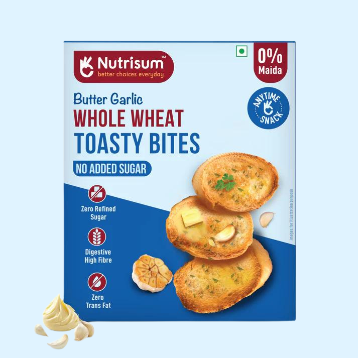 Nutrisum Whole Grain Toast / Toasty Bites – No Maida, Sugar-Free, High Fiber Healthy Snack| Made with Real Butter & Olive Oil | Healthy Anytime Snack Garlic Flavour Toast