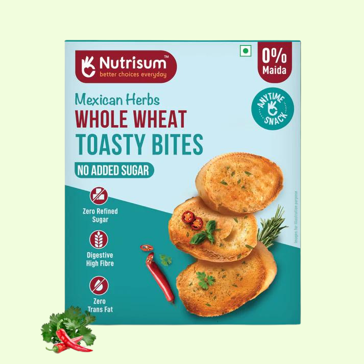 Nutrisum Whole Grain Toast / Toasty Bites – No Maida, Sugar-Free, High Fiber Healthy Snack| Made Real Butter & Olive Oil | Perfect with Tea | Anytime Snack Mexican Herb Flavour Toast